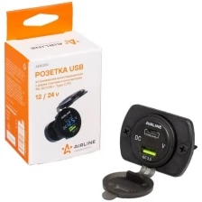 Розетка USB AIRLINE AEBJ200, встраиваемая, с 2 портами QC3.0 + Type-С PD и вольтметром, 5В